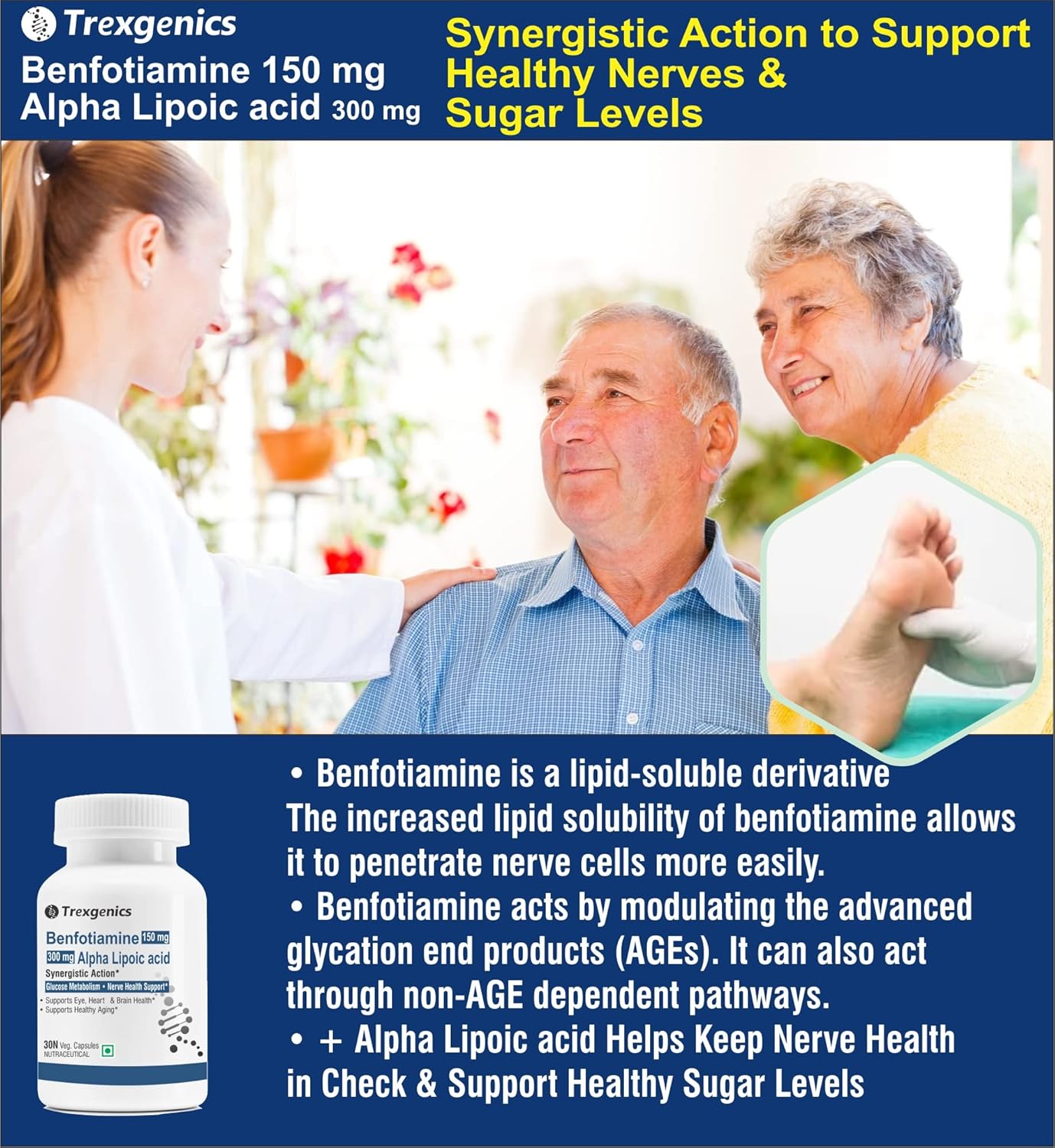 Trexgenics BENFOTIAMINE 150 mg + ALPHA LIPOIC ACID 300 mg +15 mg L-Leucine Glucose Metabolism & Nerve Health VEGAN & NON-GMO (30 Veg. Capsules) (Pack of 1)