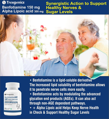 Trexgenics BENFOTIAMINE 150 mg + ALPHA LIPOIC ACID 300 mg +15 mg L-Leucine Glucose Metabolism & Nerve Health VEGAN & NON-GMO (30 Veg. Capsules) (Pack of 1)