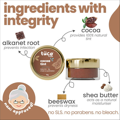 TucoÂ® Kids Lip & Cheek Tint for Makeup | Made With Cocoa, Beeswax, Shea Butter, Alkanet Roots | Ages 2-5, 5-10, 10-15 Years | Paraben, Sulphate, Alcohol & Mineral Oil Free | Safe for Girls | 10 gm