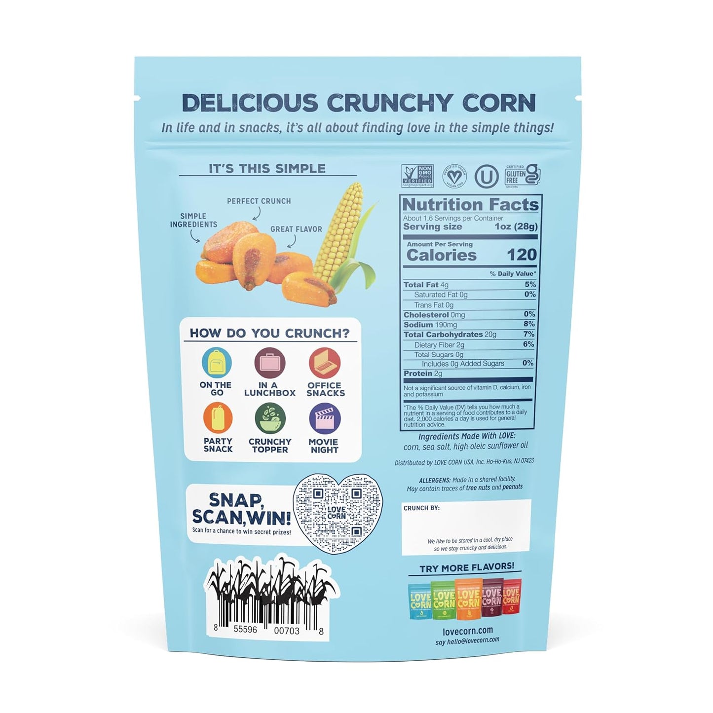 LOVE CORN Sea Salt | Delicious Crunchy Corn Natural Snack | 4 Ounce x 1 Bag | Non-GMO, Low-Sugar, Gluten-Free, Plant Based, Vegan, Low Sugar