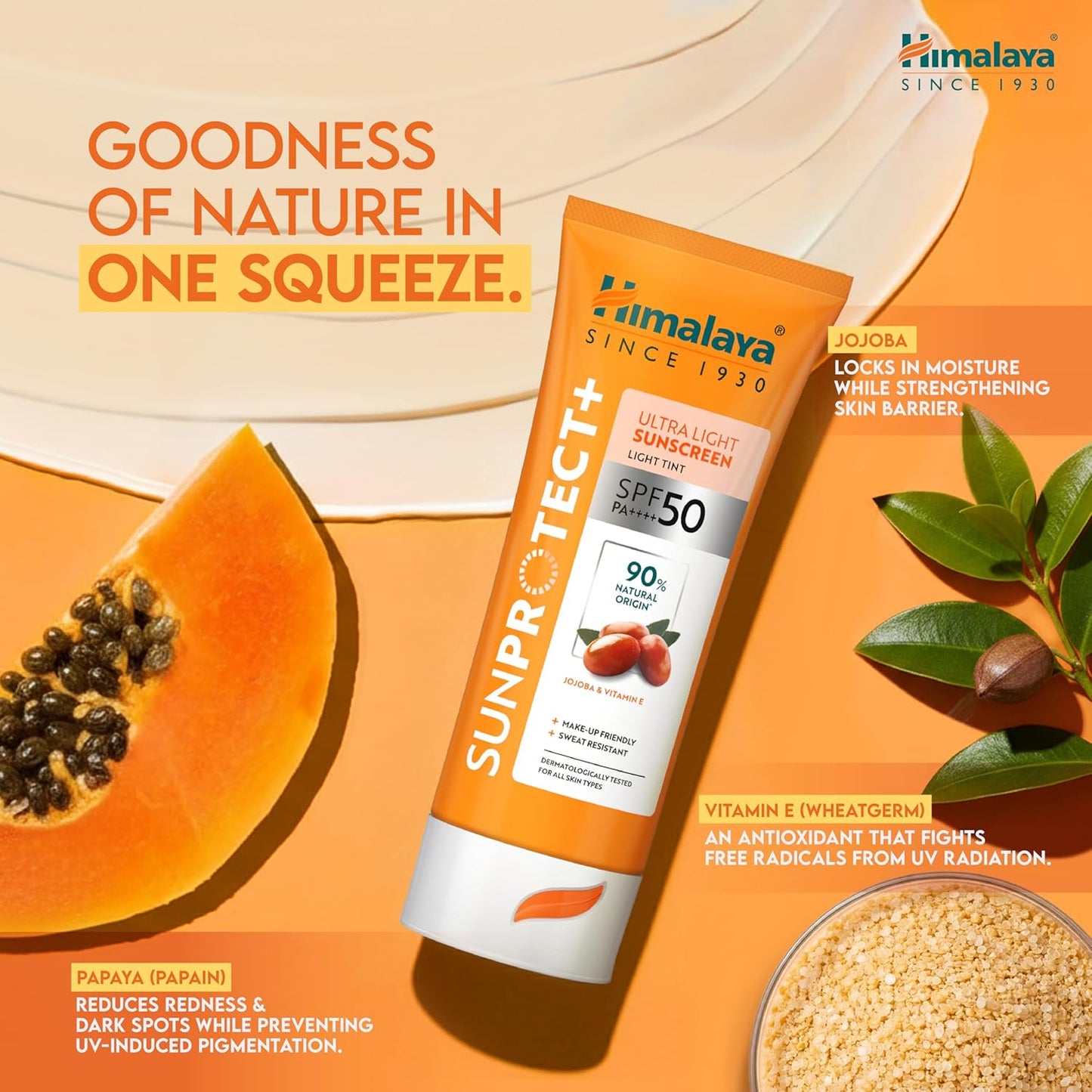 Himalaya Sun Protect+ Ultra Light Sunscreen | Light tint Cream| 90% Natural Origin Ingredients | In vivo tested SPF 50 PA++++ | Dermatologically tested for all skin types | No white cast | Make up friendly | Sweat Resistant | 50g
