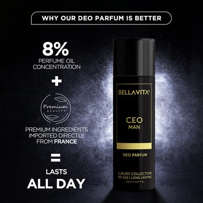Bella Vita CEO Man Body Perfume 150ml | Premium No Gas Deo for Men | Deodorants Man | Long Lasting Office Fragrance with Tonka, Agarwood & Sophisticated Masculine Notes