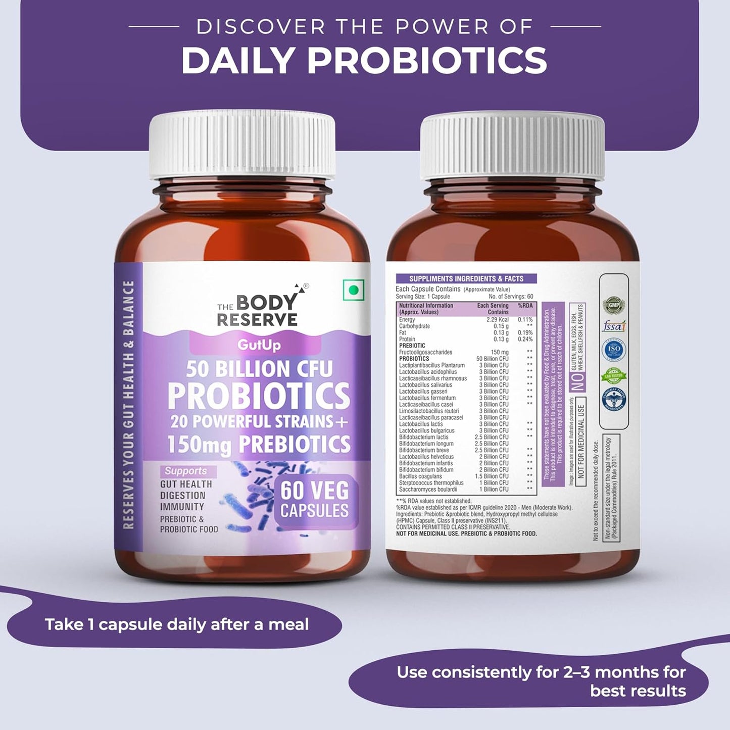 The Body Reserve Probiotics Supplement 50 Billion CFU Gut Health Supplements With Probiotics And Prebiotics Supports Digestion & Gut Cleanse-60 Capsules