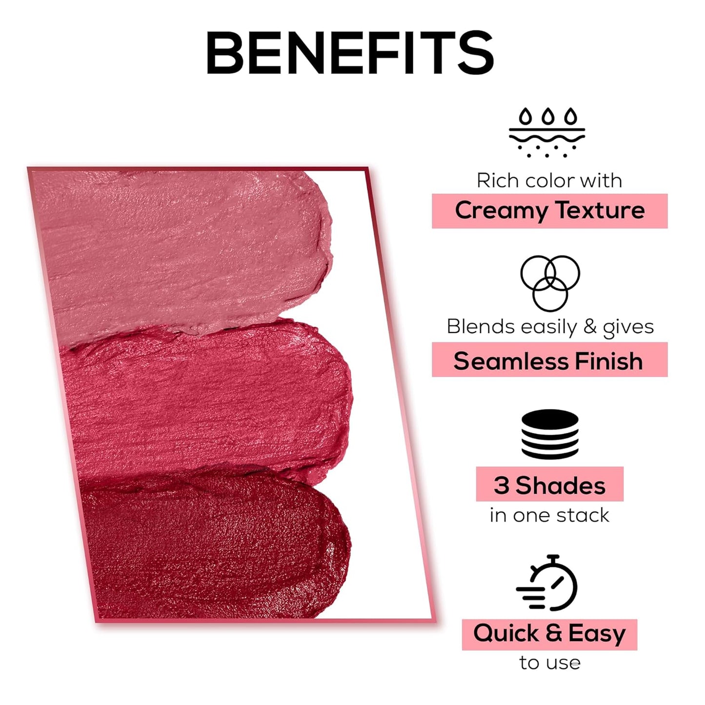 RENEE Glam Stack Creme Lip & Cheek Tint - Pink 4.5g - 3 Shades in 1, Rich Creamy Natural Seamless Finish, Smooth & Blendable Formula - Travel Friendly, Quick & Easy to Use