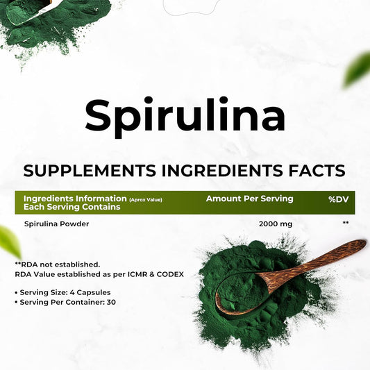 HEALTH VEDA ORGANICS PRIVATE LIMITED Plant Based Spirulina, 2000 mg | 120 Veg Capsules I Supports Weight Management & Boosts Immunity | For both Men & Women
