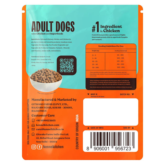 Kennel Kitchen Dry Dog Food Adult 100g | Fresh Chicken with Superfoods – Pumpkin & Turmeric | Probiotics for Digestive Support | No Artificial Colors or Flavours | Complete & Balanced for All Breeds