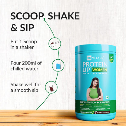 HealthKart HK Vitals ProteinUp Women (Chocolate, 500g) | Vegetarian Protein with Soy, Whey, Collagen Builder Blend, Biotin, Garcinia & Green Tea | For Strength & Beauty