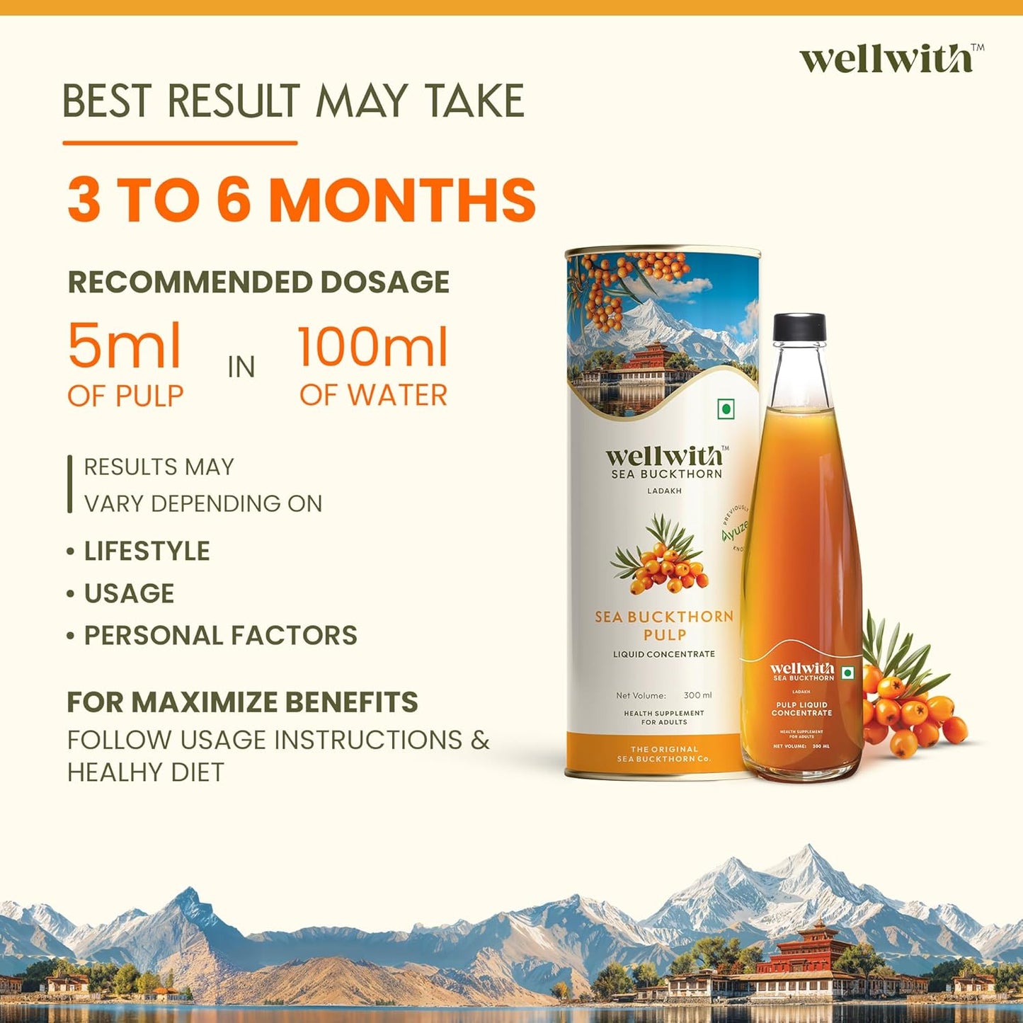 Wellwith by Ayuzera Natural Himalayan Sea Buckthorn Pulp 300ml | Cold Pressed Nutrient Rich Juice | Loaded with Vitamin C, Omega 3 6 7 9 & Antioxidants | For Skin, Immunity & Digestive Health