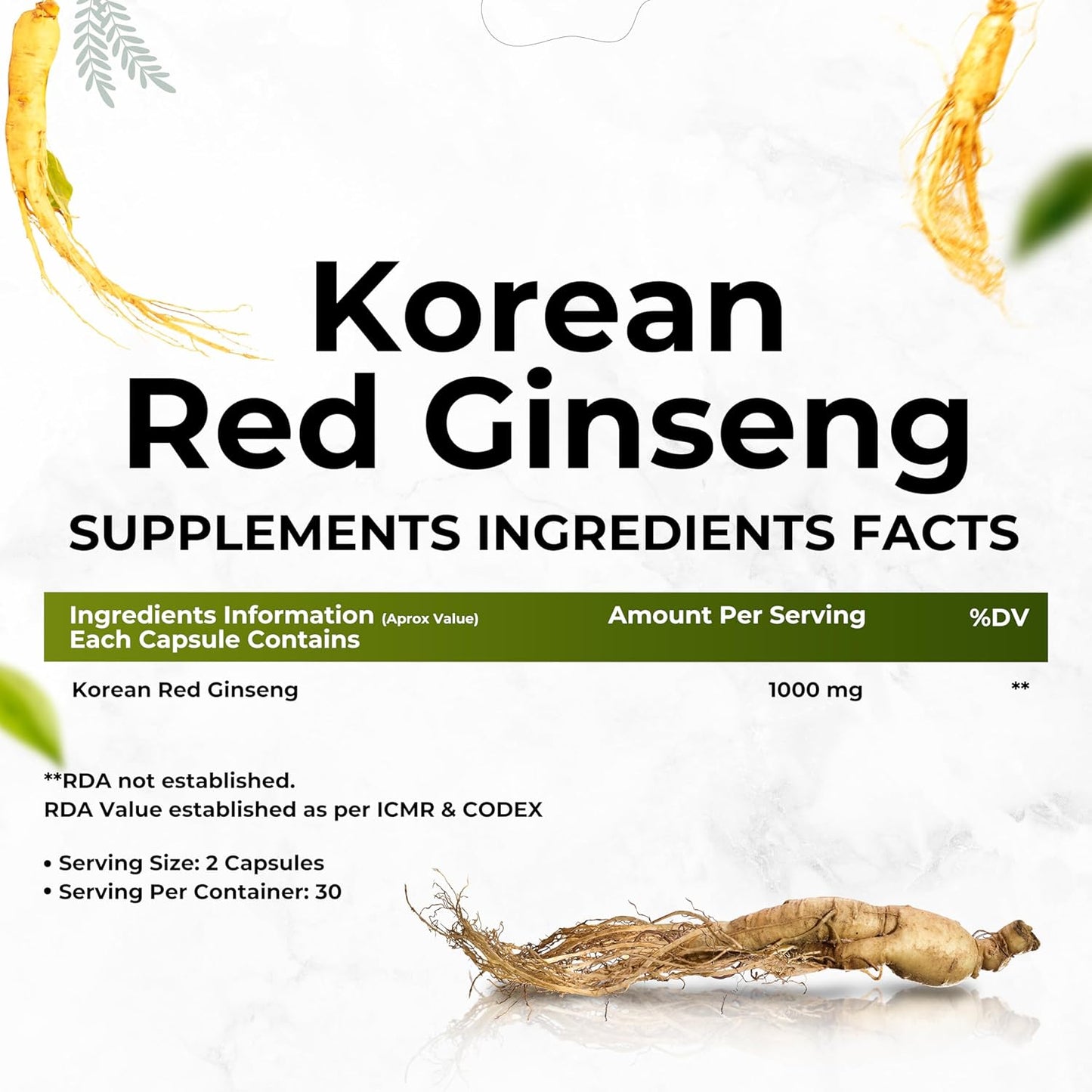 HEALTH VEDA ORGANICS PRIVATE LIMITED Korean Red Ginseng 1000 mg | 60 Veg Capsules | Supports Energy, Vitality & Strength | For Men & Women
