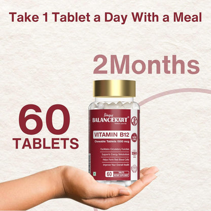 Balancekart Vitamin B12 Supplements for Men & Women, 1500mcg Vitamin B12 Tablets to Improve Red Blood Cell Formation, Boosts Energy Level, 60 Tablets