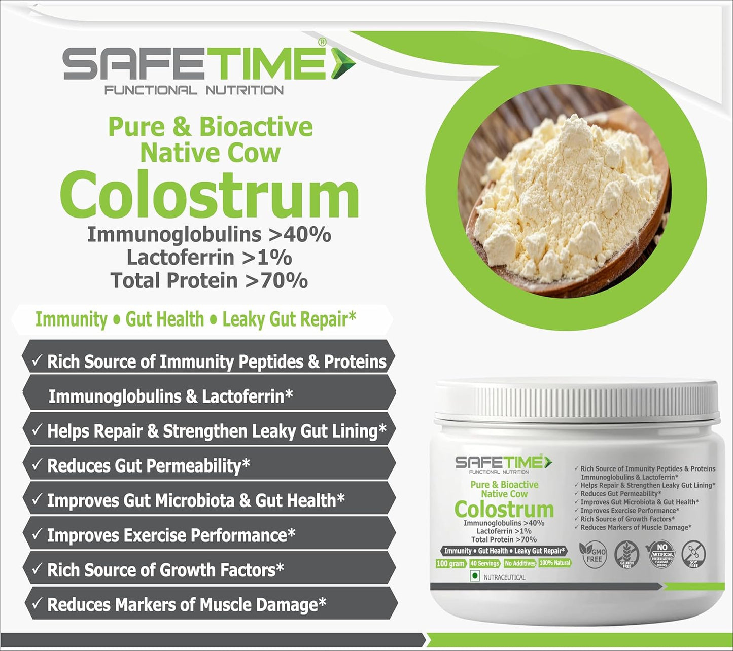 NATIVE COW COLOSTRUM, PURE with 70% Total Protien, 40% Immunoglobulins, 1% Lactoferrin, Leaky Gut, Immunity, Gut Health (100 gm powder) (Pack of 1)