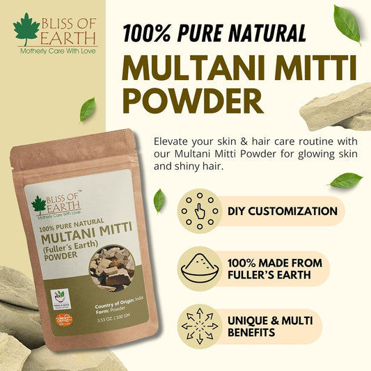 Bliss of Earth Multani Mitti Powder for Face | Natural Multani Mitti for Hair & Skin | Exfoliates, Soothes, Nourishes, Smoothens Skin & Supports Scalp Health | 100 gm