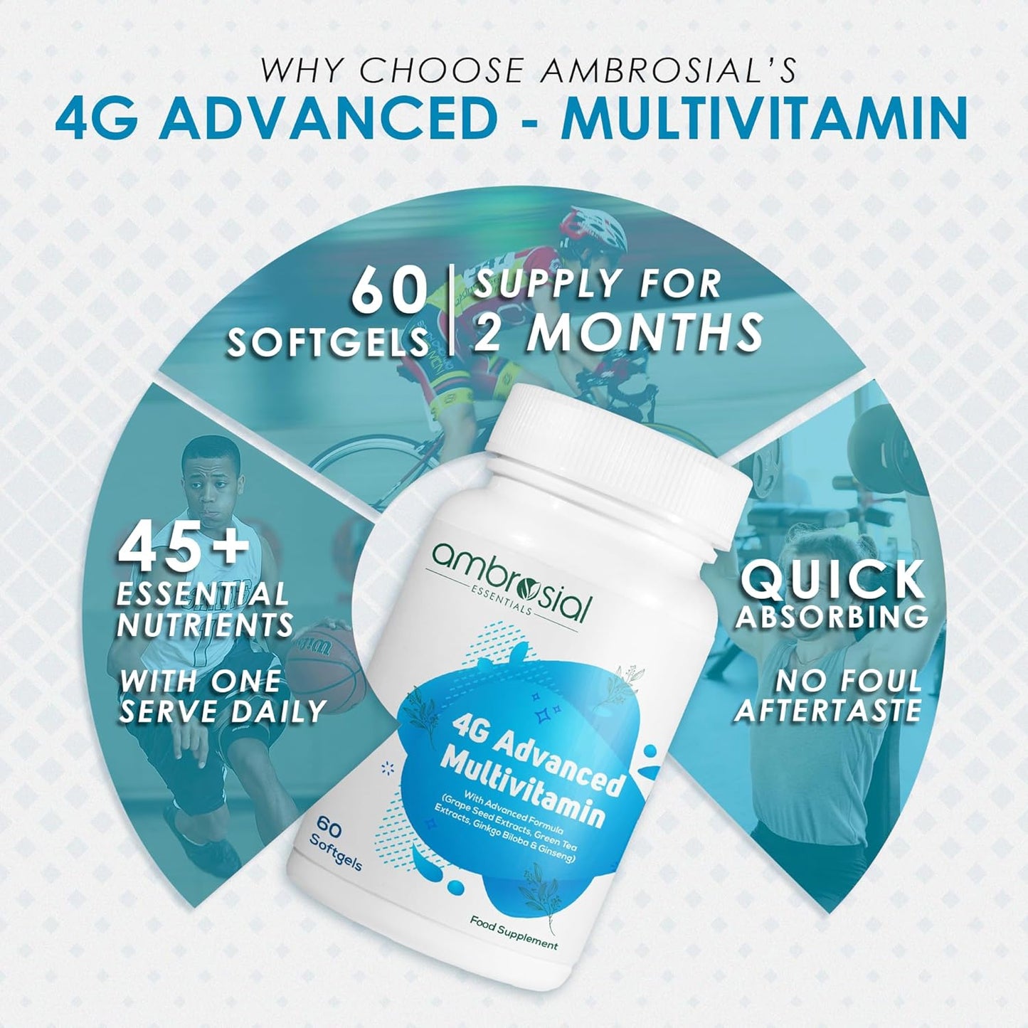 Ambrosial 4GAdvanced Multivitamin for Men| High Strength Multivitamin for Women with 45 Essential Vitamins & Minerals| Goodness of Ginseng Green, Tea, Vitamin B12, B7, B9, D3 (Pack of 1-60 Softgels)