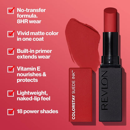 Revlon Lipstick, ColorStay Suede Ink, Built-in Primer, Infused with Vitamin E, Waterproof, Smudge-proof, Matte Color, 002 No Rules, 2.55 g
