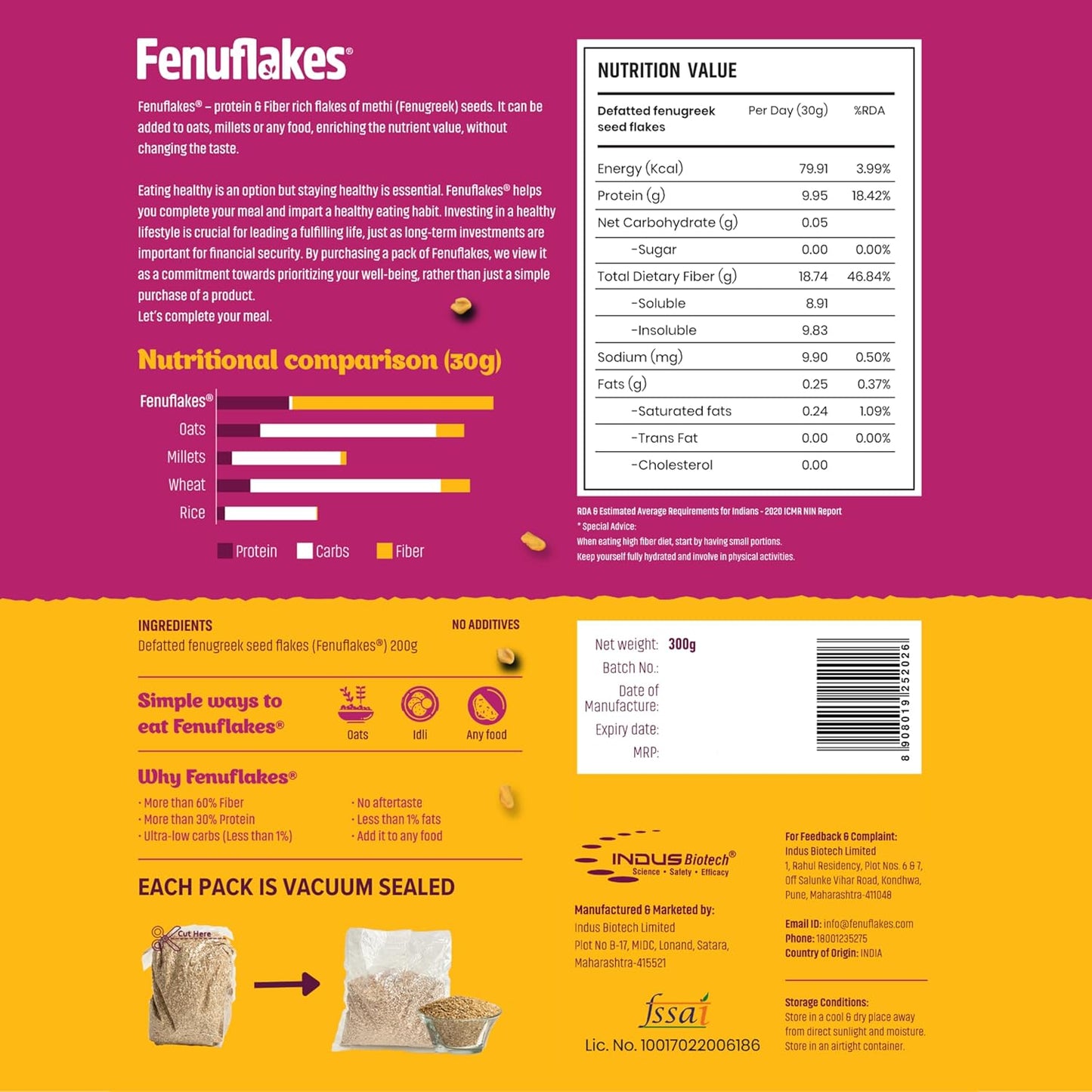 Fenuflakes 300g Fiber supplement | Bloating,acidity,&constipation relief |High Protein|Prebiotic fiber| low carbs |Aids in managing blood sugar levels |Neutral in taste |Add to any food| 30 servings.