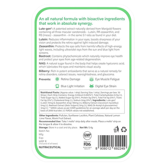 Wellbeing Nutrition Melts Eye Care Vitamins with Lutemax 2020 (Lutein + Zeaxanthin), Bilberry, Beetroot | Prevents Blue Light Damage, Glare Sensitivity & Digital Strain Guard (30 Oral Strips)