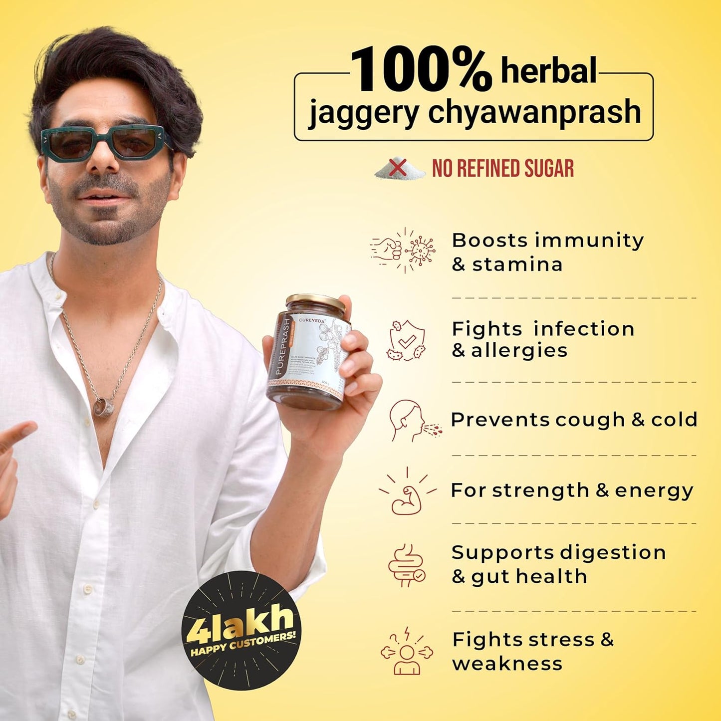 Cureveda Herbal Pureprash | Sugar-Free Chyawanprash with Jaggery and A2 Ghee | 30+ Herbal Extracts | Immunity Booster with Goodness of Saffron (Kesar) for Strength and Stamina | 500 g