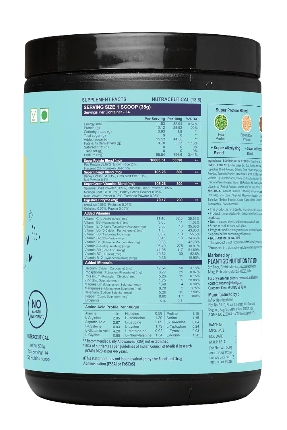 Plantigo Kids Protein 14g, 11 Vitamins, 8 Minerals, Vegan Nutrition Supplement | Muscle, Bone Growth & Brain Health | Plant Based Protein Powder for Kids 10+ years | (Swiss Chocolate Flavor - 500g)