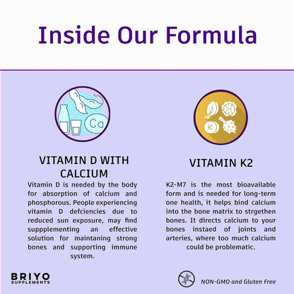 Briyosis Orthomax - Vitamin D3 & K2-M7 + Calcium Dietary Supplement for Bone Health, Stronger Bones, Teeth, Muscles & Immunity Calcium Supplement Absorption