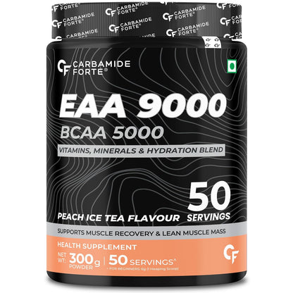 Carbamide Forte Eaa Supplement with Bcaa 5000Mg | Eaa intra workout Supplement for Men & Women with Hydration Blend & Vitamins â€“ Peach Iced Tea Flavour - 50 Servings - Powder 300G