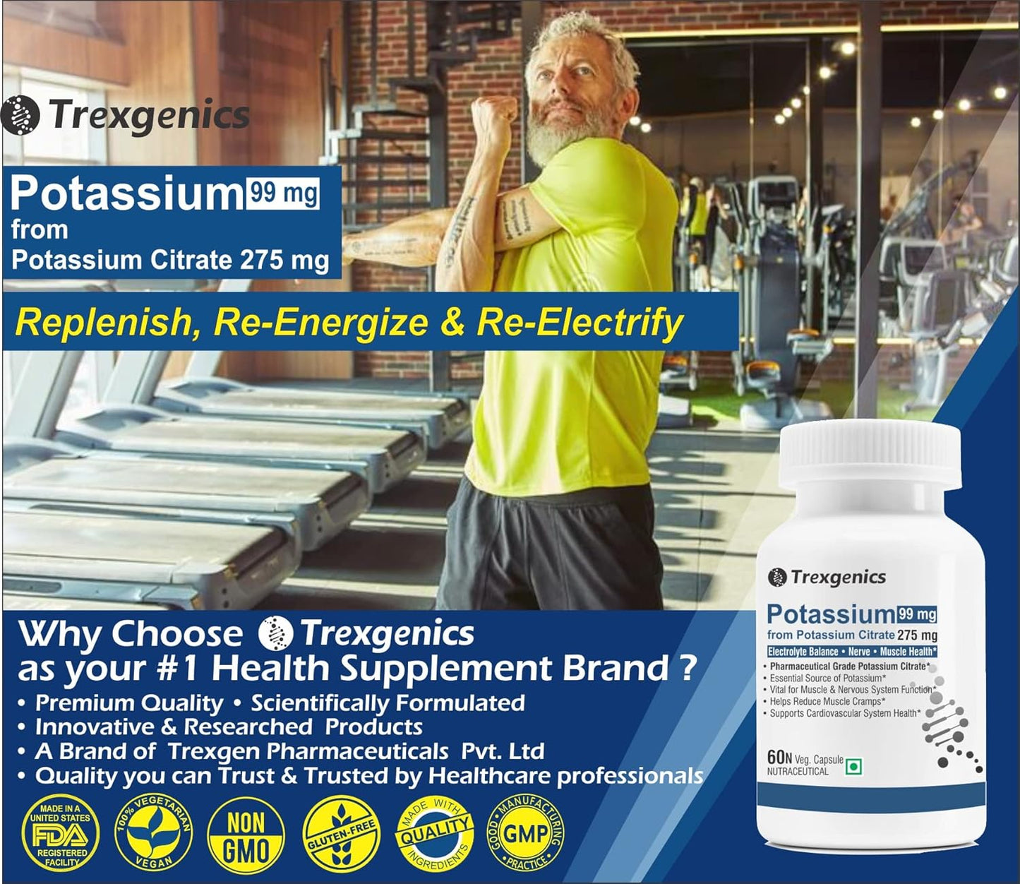 Trexgenics POTASSIUM CITRATE (K 99) 275 mg Electrolyte Balance, Nerve & Muscle Health VEGAN & NON-GMO (60 Vcaps) (Pack of 1)