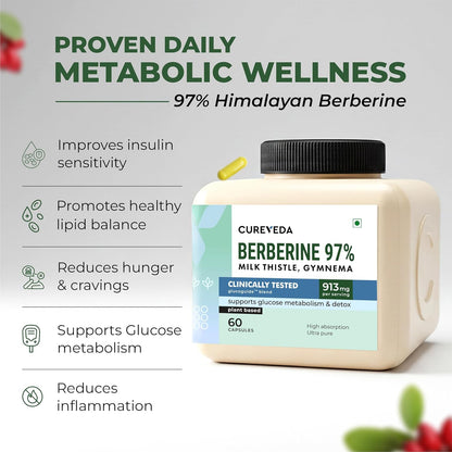 Cureveda Berberine 97% with Milk Thistle & Gymnema | Clinically Tested Gluco Guide Blend For Glucose Control | Supports Weight Management and Glucose Level - 913mg Per Serving - 60 Capsules