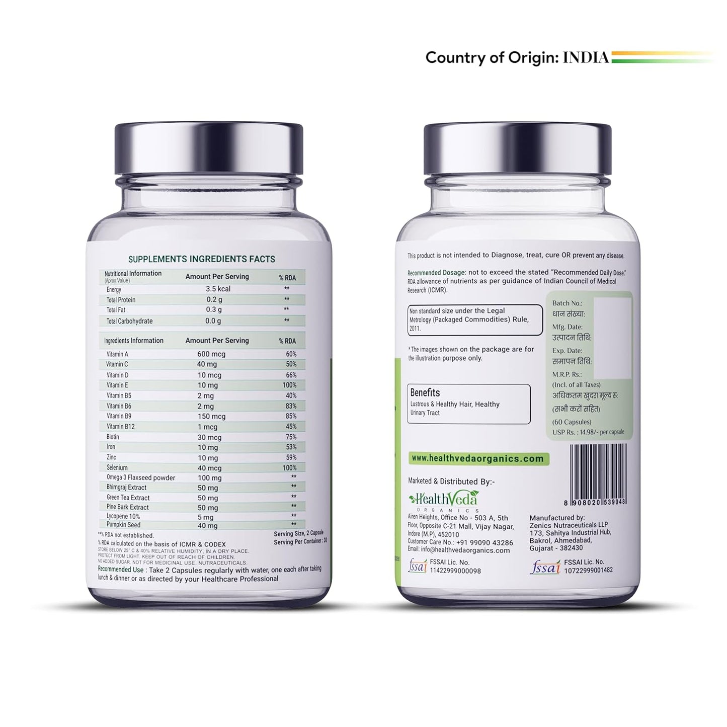 HEALTH VEDA ORGANICS PRIVATE LIMITED Advance Hair Vitamin with DHT Blocker & Biotin | For Better Hair Growth & Hair Fall Control | Stimulates Hair follicles | For Men & Women - 60 Veg Capsules