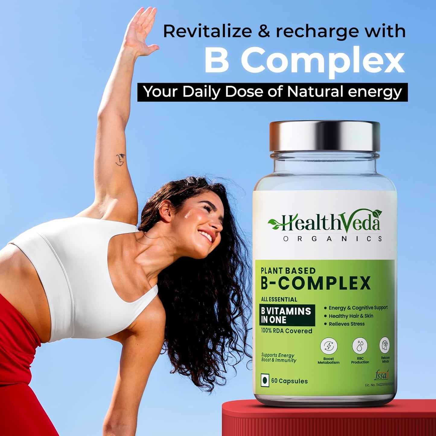 Health Veda Organics Plant Based Vitamin B-Complex Tablets - All essential B Vitamins in One for Hair Growth, Boosts Energy & Immunity - (120 Veg Tablets)