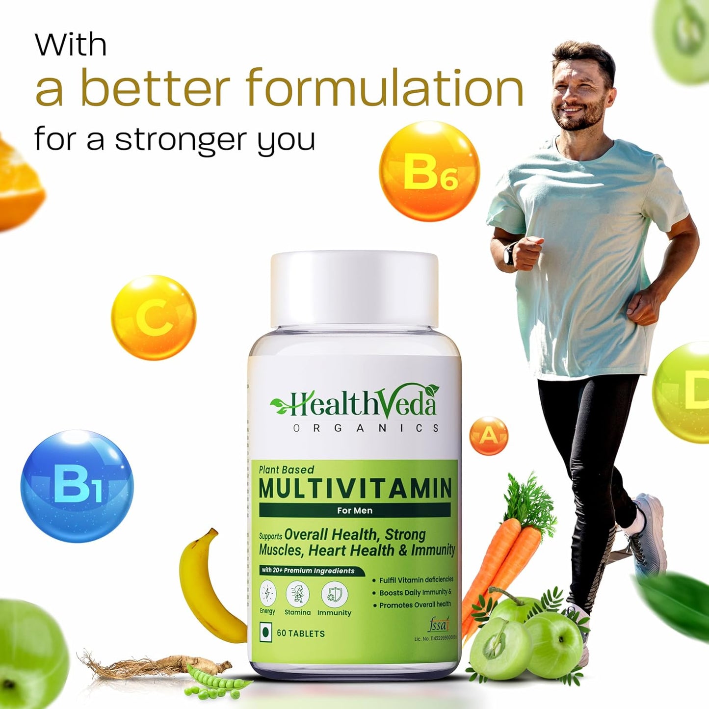 Health Veda Organics Multivitamin for Men, 60 Multivitamin Tablets, with Zinc, Vitamin C, Vitamin D3, Multiminerals and Ginseng Extract, Enhances Energy, Stamina & Immunity