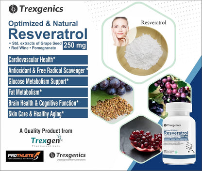 Trexgenics Natural RESVERATROL 250 mg + Grape Seed OPC, Pomegranate Ellagic acid, Red Wine Cardiovascular Health, Antioxidant & Glucose Metabolism VEGAN & NON-GMO (30 Veg. Capsules) (Pack of 1)