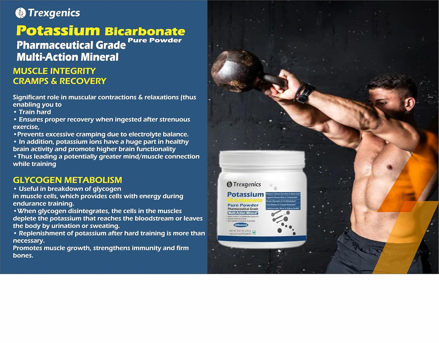 Trexgenics POTASSIUM BICARBONATE Pure Powder Pharmaceutical Grade Electrolyte Balance, Nerve & Muscle Health (250 gram / 8.81 OZ)