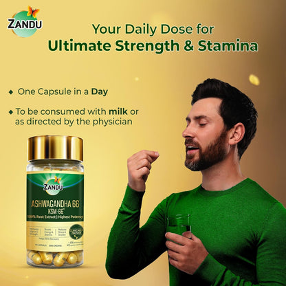 Zandu Ashwagandha KSM-66 (600 mg high dose formula) Tablets | Clinically Proven for 72% Decrease in stress and anxiety levels I Boosts Energy & Strength | 60 tablets I 100% Pure Root Extract