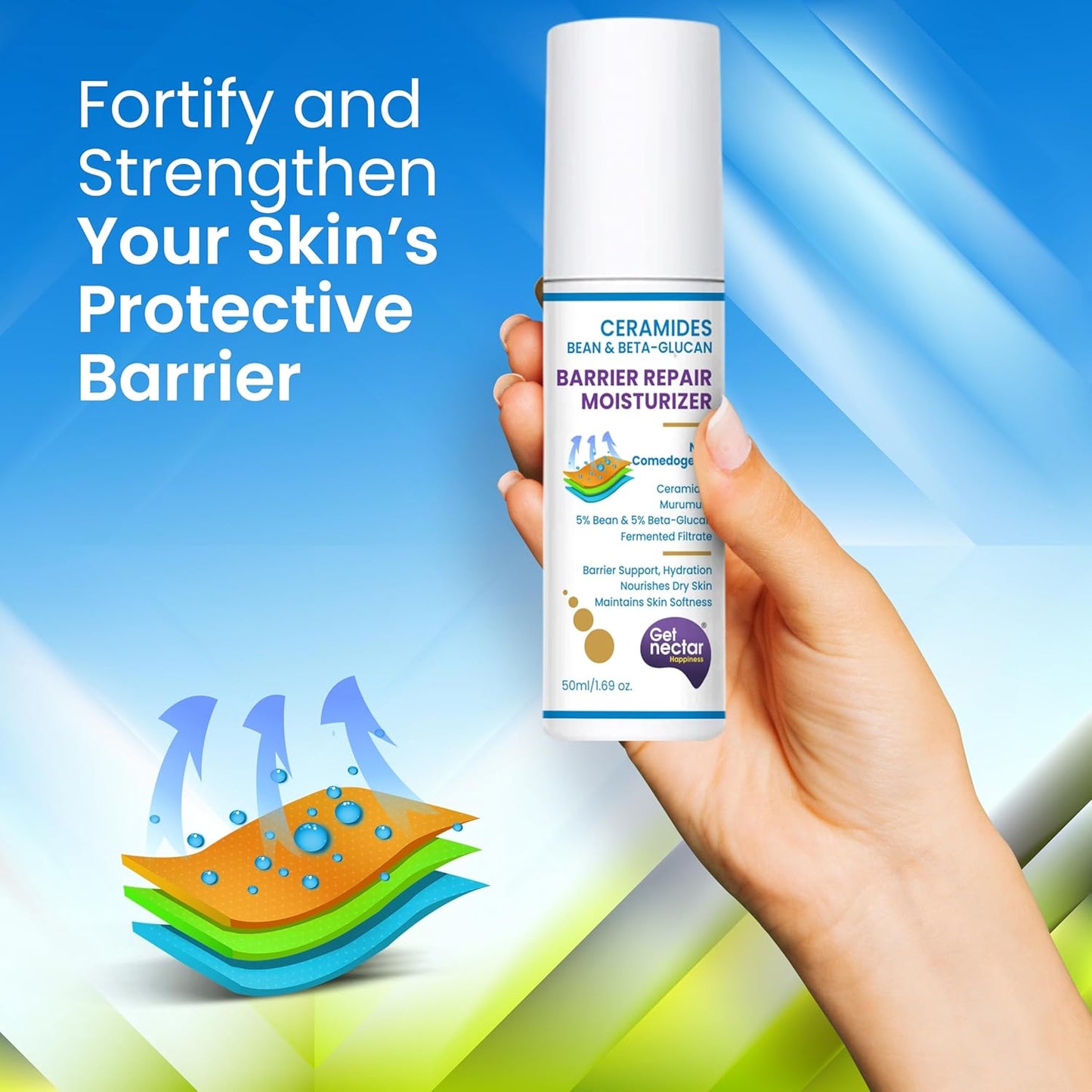 Get Nectar Happiness Barrier Repair Ceramides Moisturizer with Bean-Beta-Glucan Fermented Filtrate & Murumuru for Intense Moisturizing and Skin Strengthening 50ML