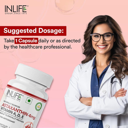 INLIFE Astaxanthin 4 mg Supplement AstaZine | Natural Antioxidant Supplement with Vitamin A, D3 & E â€“ High Absorption Formula â€“ 30 Liquid Filled Vegetarian Capsules
