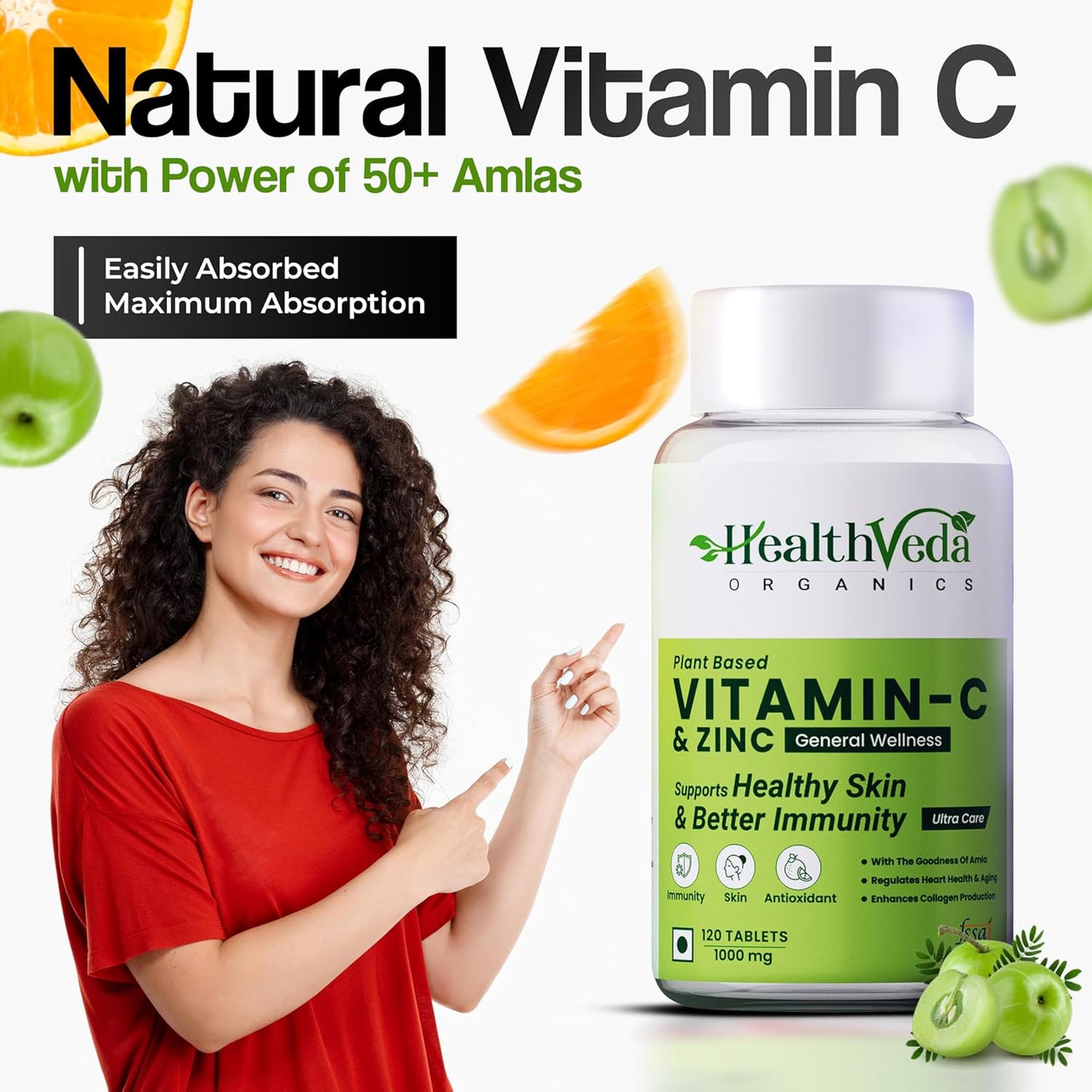 HEALTH VEDA ORGANICS PRIVATE LIMITED Natural Vitamin C 1000 mg I 120 Veg Tablets I Boosts Immunity, Antioxidant & Skin Care | For both Men & Women