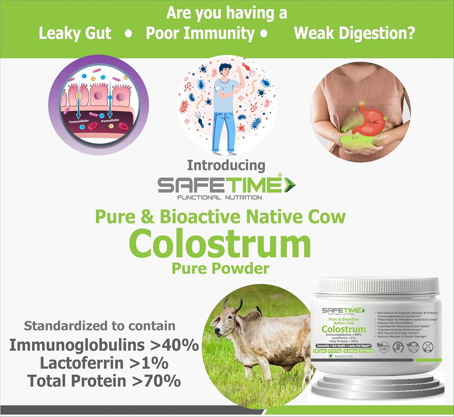 NATIVE COW COLOSTRUM, PURE with 70% Total Protien, 40% Immunoglobulins, 1% Lactoferrin, Leaky Gut, Immunity, Gut Health (100 gm powder) (Pack of 1)
