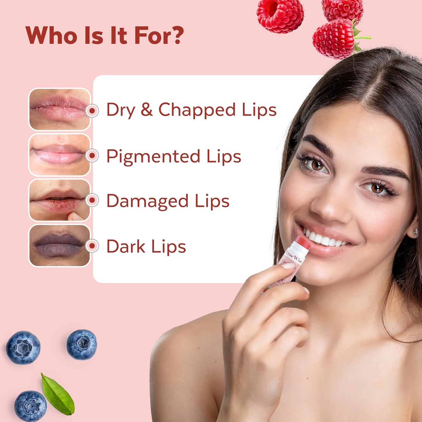 TrueWise Tinted Lip Balm with SPF 50 PA+++ | Brightening Pink Lip Balm For Dark Lips | Ceramides & Kojic Acid,Vitamin E, Soft, Glossy Lips for Women 5g