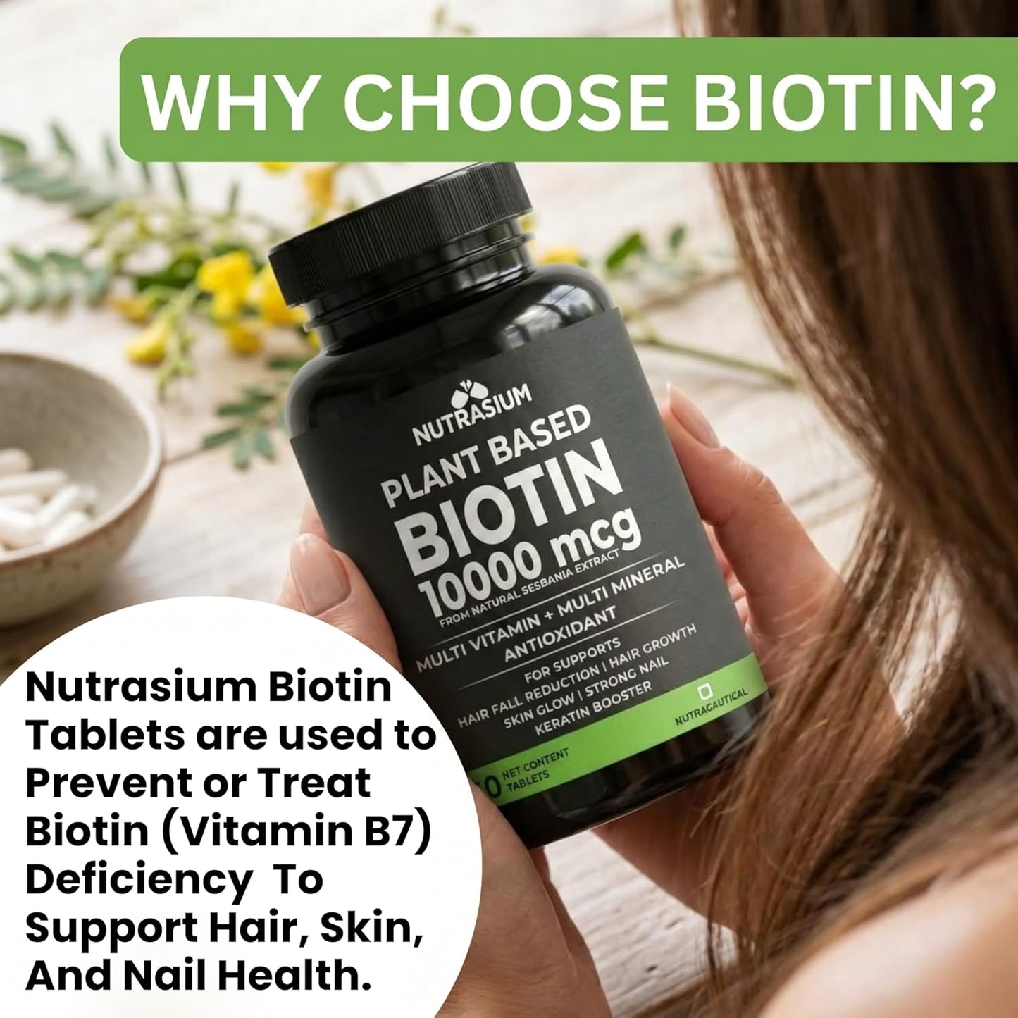 Nutrasium Plant Based Biotin, Collagen Booster, Keratin Builder with Amino Acid and Minerals | For Hair, Skin & Nail Radiance | Hair Vitamin (Biotin Collagen Booster Blend- 60 Tablets)