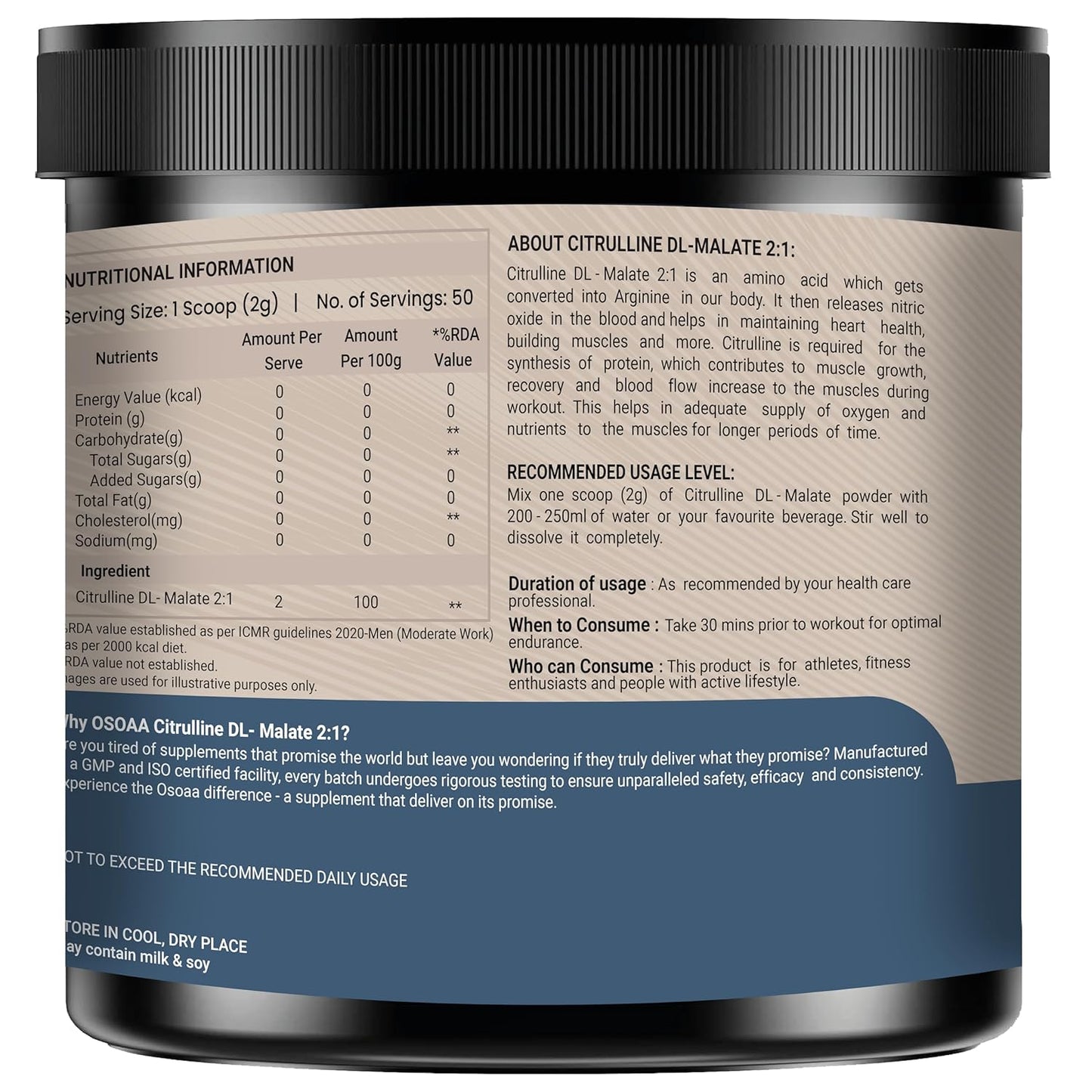 OSOAA Pure Citrulline Malate 2:1 Supplement Powder - 100g, Unflavoured | Boosts Nitric Oxide, Pre Workout Amino Acid for Muscle Strength & Endurance