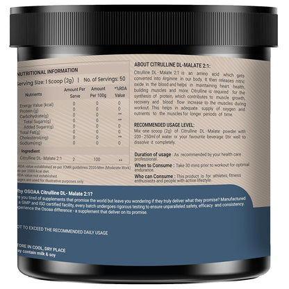 OSOAA Pure Citrulline Malate 2:1 Supplement Powder - 100g, Unflavoured | Boosts Nitric Oxide, Pre Workout Amino Acid for Muscle Strength & Endurance