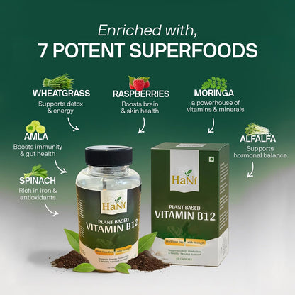HANI Plant Based Vitamin B12 Capsules | Natural Cobalamin with 7 Superfoods (Wheatgrass, Amla, Spinach, Moringa, Raspberries, Alfalfa) | Supports Energy, Immunity & Nervous System Health | 60 Capsules