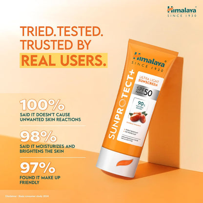 Himalaya Sun Protect+ Ultra Light Sunscreen | 90% Natural Origin Ingredients | In vivo tested SPF 50 PA++++ | Dermatologically tested for all skin types | No white cast | Sweat Resistant | 50g