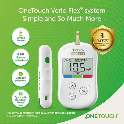 OneTouch Verio Flex glucometer machine | Sync your results with OneTouch Reveal mobile app| Simple & accurate testing of blood sugar levels at home | Global Iconic Brand | FREE 10 Test Strips + 10 Sterile Lancets + 1 Lancing device