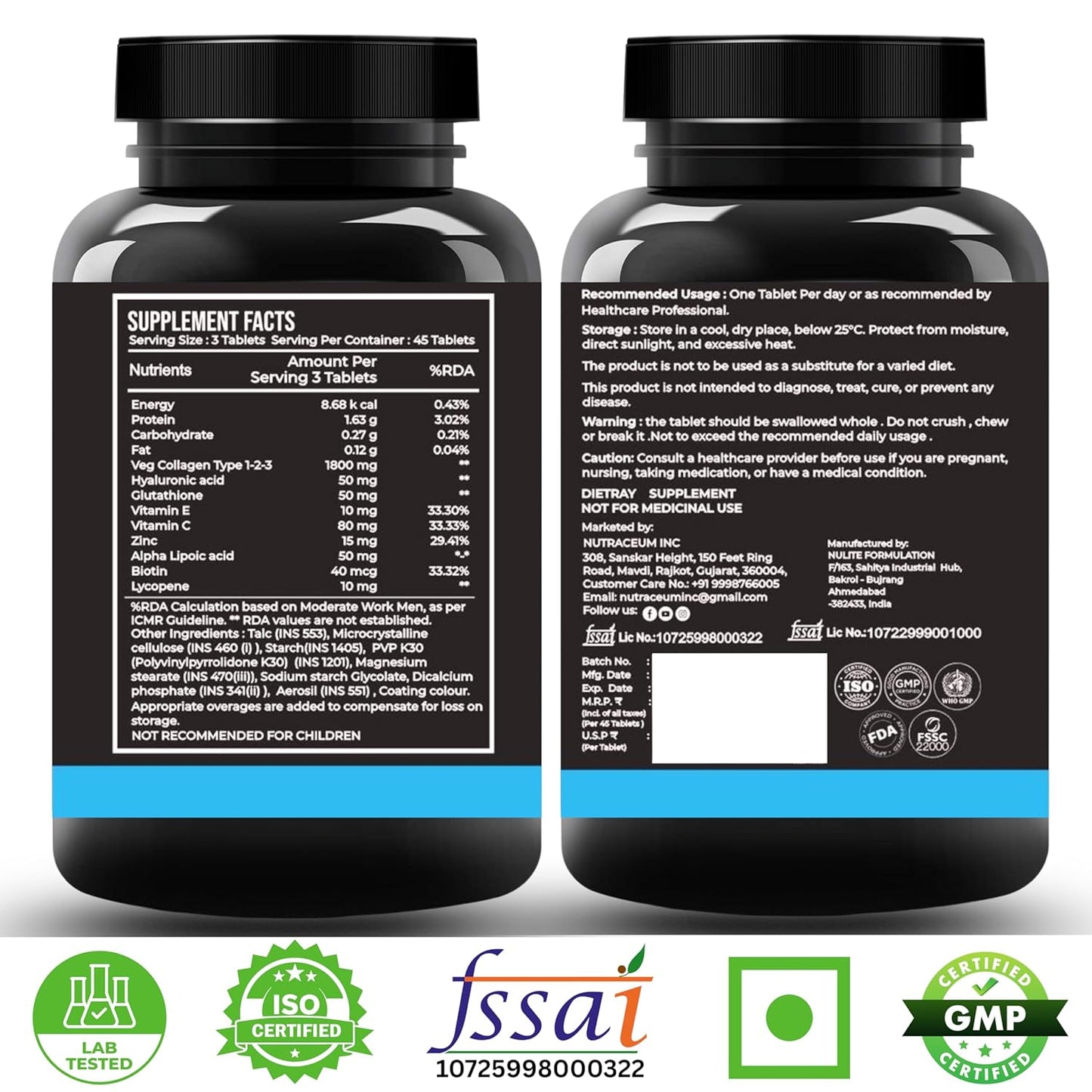 Nutrasium Multi Collagen With Glutathione & Hyaluronic Acid For Skin Radiance, Skin Firmness & Glow Added Zinc & Vitamin C & E | 45 Tablets