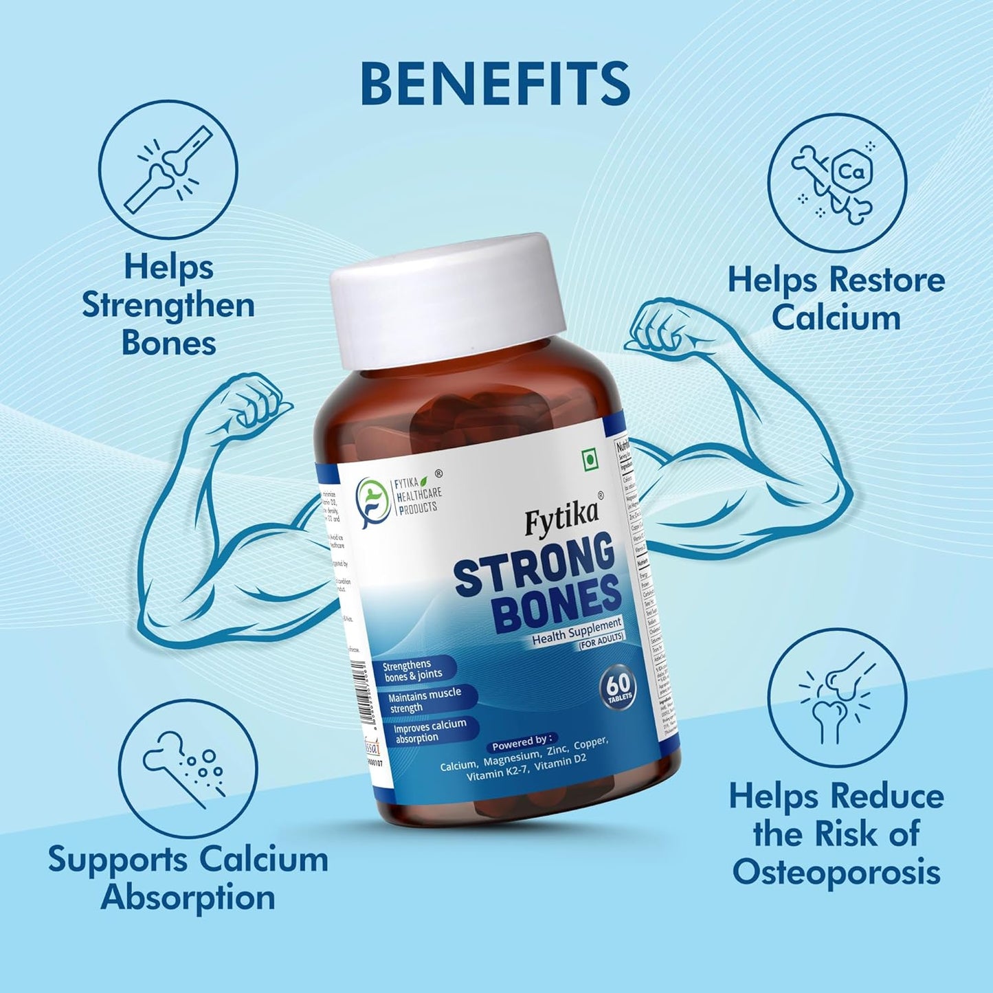 Fytika Strong Bones - 60 TABS (Pack of 1) | Calcium 1000mg + Vitamin D3 400IU Supplement with Magnesium, Zinc,Coper & Vitamin K2 for Complete Bone, Joint & Muscle Health - Women and Men