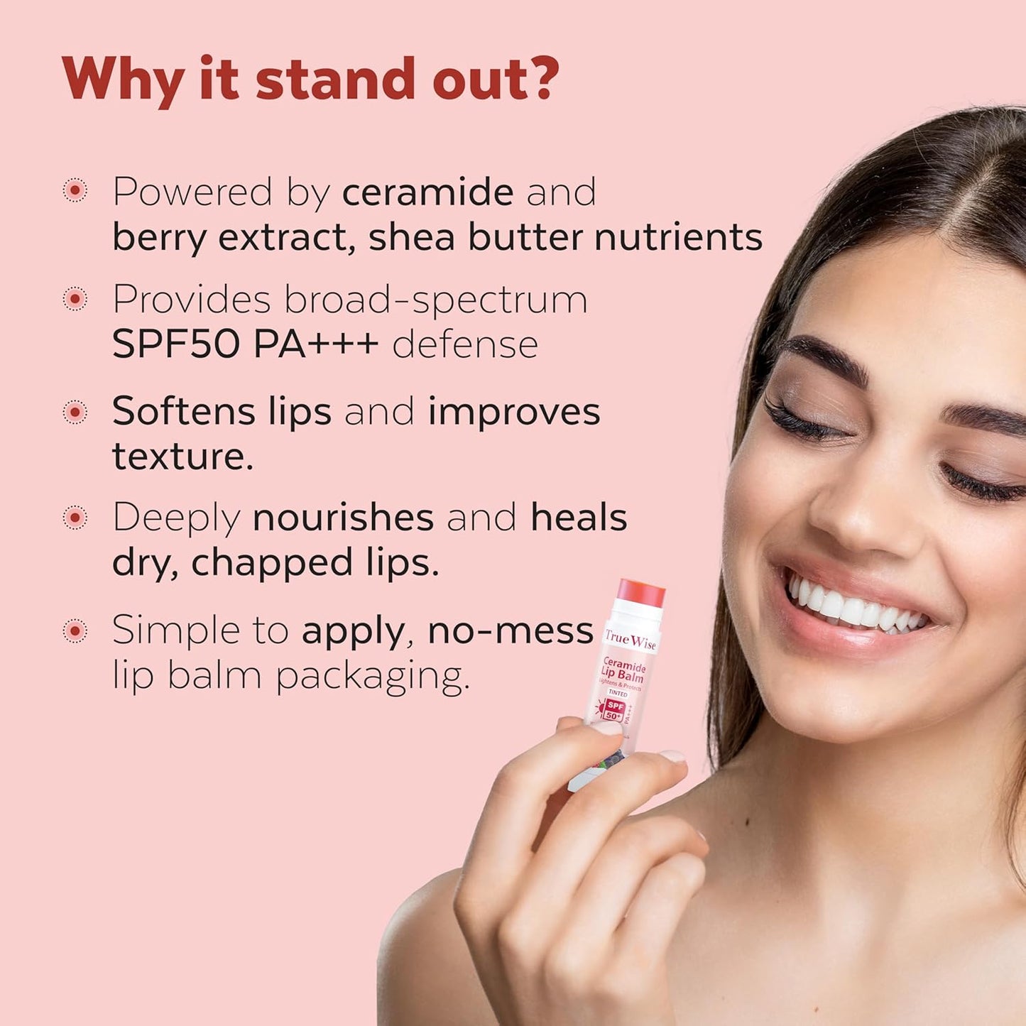 TrueWise Tinted Lip Balm with SPF 50 PA+++ | Brightening Pink Lip Balm For Dark Lips | Ceramides & Kojic Acid,Vitamin E, Soft, Glossy Lips for Women 5g
