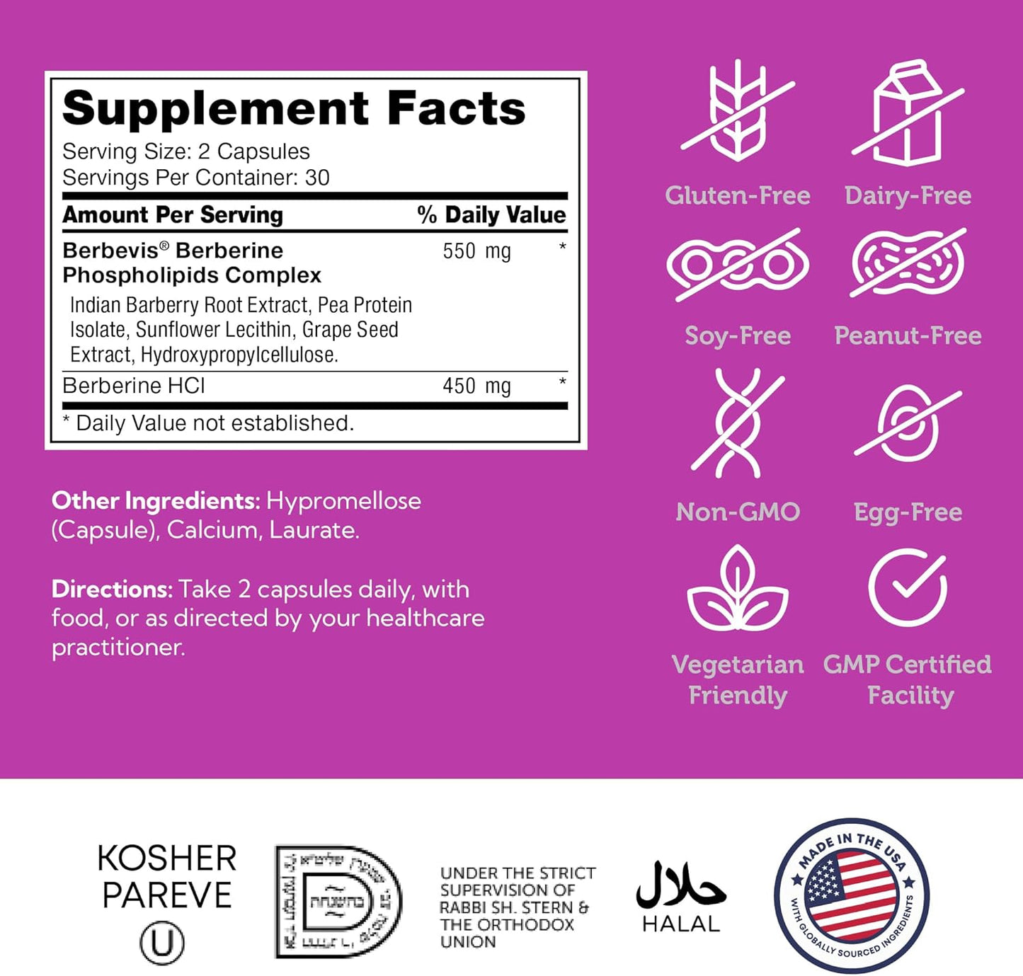 Zahler Berberine - Supports Healthy Metabolism for Busy Adults - Herbal Supplement for Heart Health Support - Easy-to-Swallow Capsules - Kosher, Non-GMO & Gluten-Free - 60 Capsules, 30 Servings