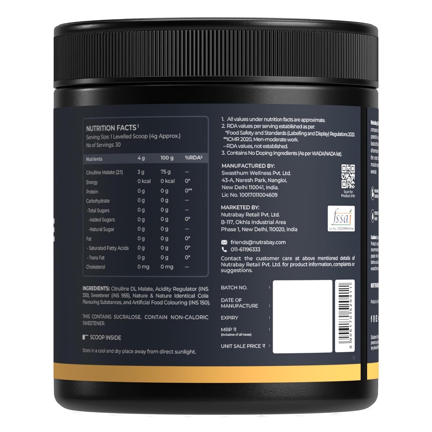 Nutrabay Gold Citrulline Malate 2:1 Supplement Powder 120g, Cola Flavor â€“ Boosts Nitric Oxide â€“ Pre Workout for Muscle Pump, Improved Endurance & Recovery | Tested for Purity | No Banned Substances
