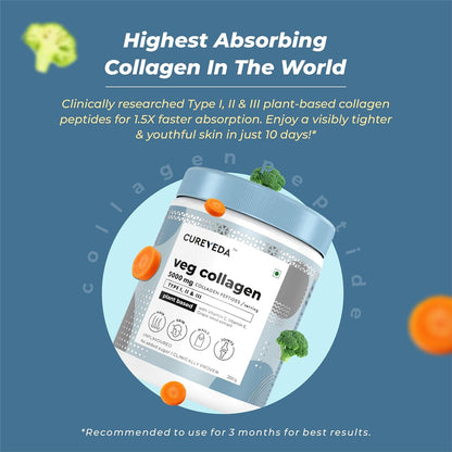 Cureveda Veg Collagen 5000mg Collagen Peptide with added Vitamin C & E, Grapeseed Extract For Healthy Skin, Hair & Nails | Men & Women - 150 gm Powder Unflavoured