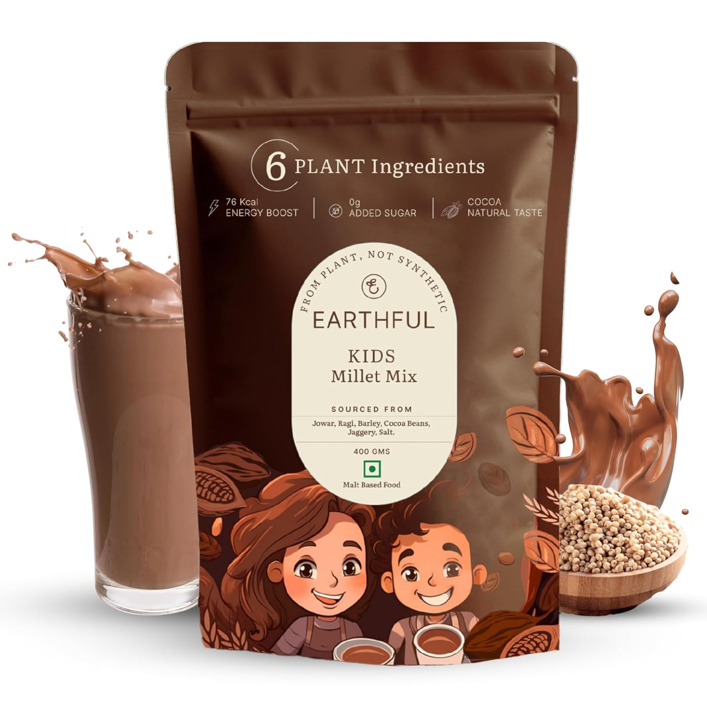Earthful Kids Millet Mix 400 Gms | 4+ Years | No Refined Sugar | With Jowar, Ragi & Barley | Cocoa, Sweetened with Jaggery